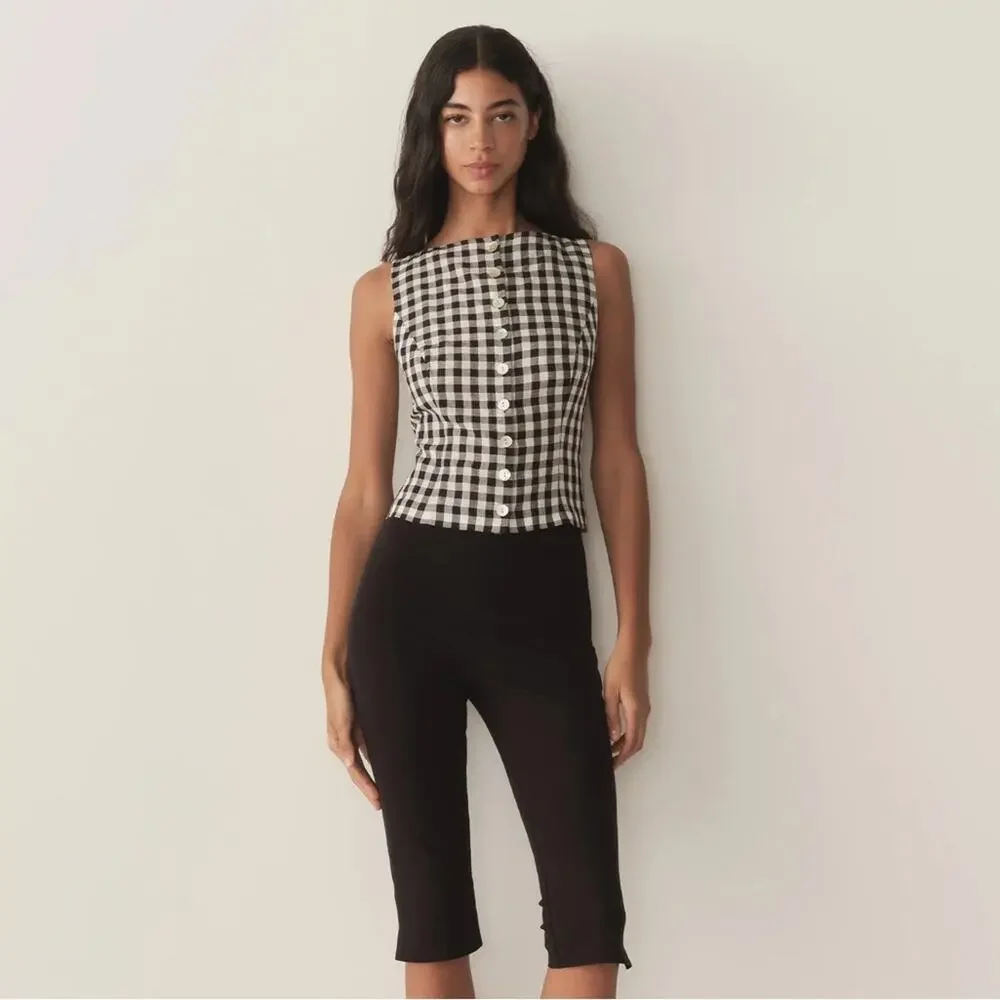 Doen Hayden Linen Button Boatneck Sleeveless Top Black Marilyn Gingham White - Picture 4 of 14